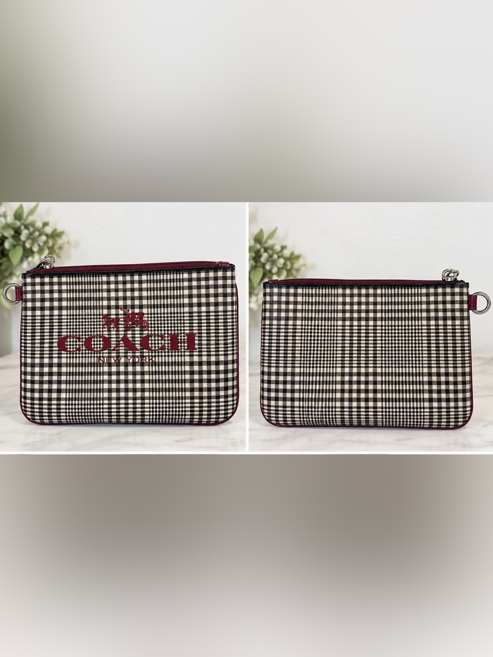 Coach Black-and-Cream Checked Mini Zip Pouch with Burgundy Trim. Missing strap
